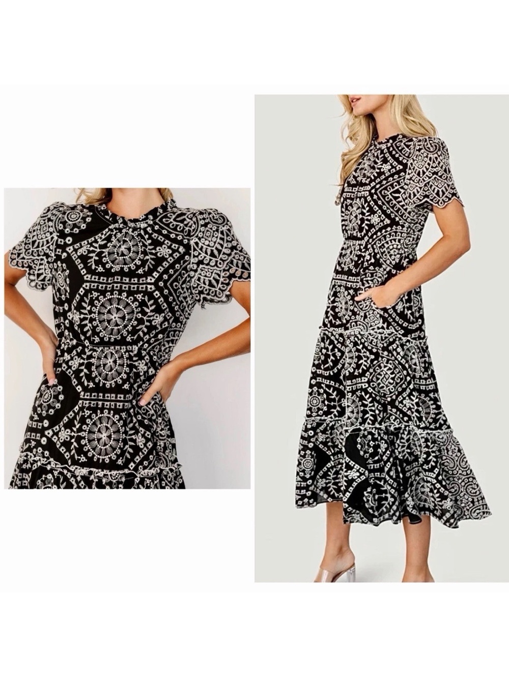 Baltic Born MIRABEL Eyelet Midi Dress 1XL Black White Embroidered 100% Cotton